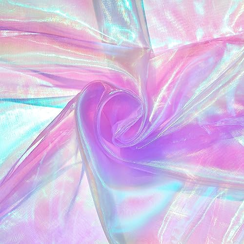 Ganeen 22 Yard Iridescent Fabric Organza Fabric Sheer 59 Inches Wide Rainbow Laser Gradient Lace Holographic Gauze for DIY Dress Curtain Costume Background Wedding Halloween Party Decor Light Purple