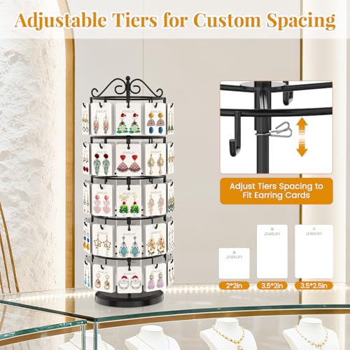 EsLuker.ly Earring Holder Organizer Rotating Display Tree Stand, Adjustable Height Earring Card Hanger Rack with 50 Hooks for Vendors Market Selling, 5 Tier Metal Jewelry Storage Tower, Black - Image 2