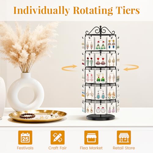 EsLuker.ly Earring Holder Organizer Rotating Display Tree Stand, Adjustable Height Earring Card Hanger Rack with 50 Hooks for Vendors Market Selling, 5 Tier Metal Jewelry Storage Tower, Black - Image 5