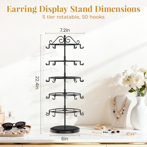 EsLuker.ly Earring Holder Organizer Rotating Display Tree Stand, Adjustable Height Earring Card Hanger Rack with 50 Hooks for Vendors Market Selling, 5 Tier Metal Jewelry Storage Tower, Black - Image 4