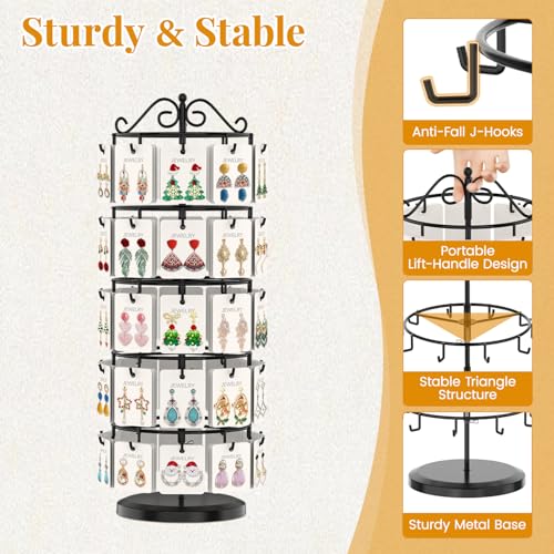 EsLuker.ly Earring Holder Organizer Rotating Display Tree Stand, Adjustable Height Earring Card Hanger Rack with 50 Hooks for Vendors Market Selling, 5 Tier Metal Jewelry Storage Tower, Black - Image 3