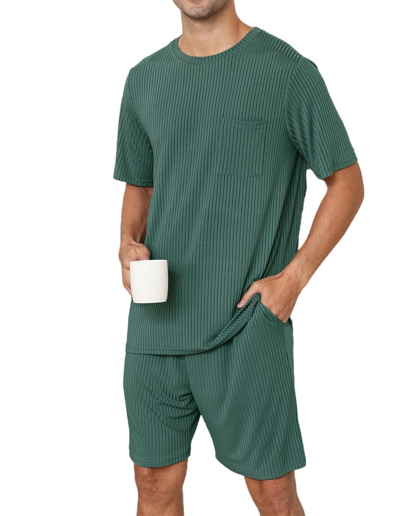 EISHOPEER Mens Pajama Set Kint Ribbed Sleepwear Nightwear Soft Short Sleeve Crew-Neck Pjs Sleep Set With Pockets Dark Green Large - Image 1