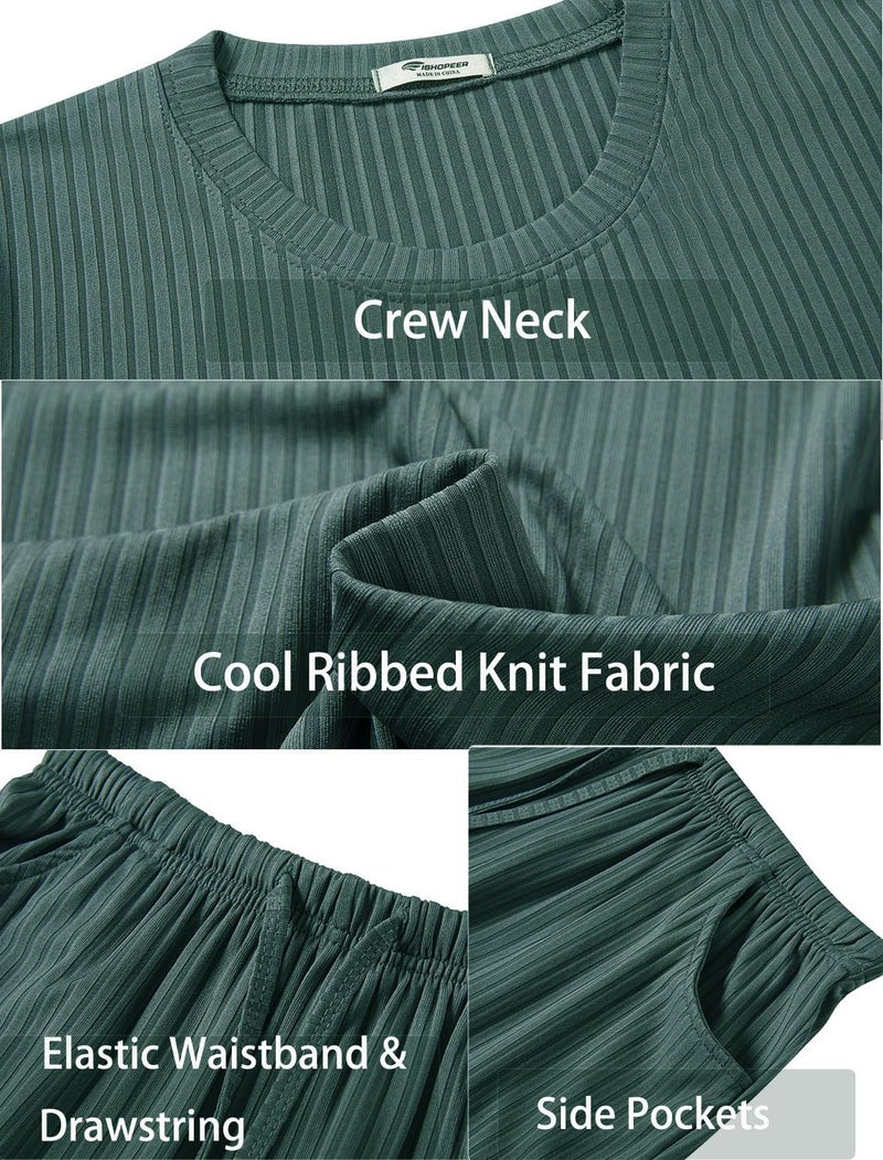 EISHOPEER Mens Pajama Set Kint Ribbed Sleepwear Nightwear Soft Short Sleeve Crew-Neck Pjs Sleep Set With Pockets Dark Green Large - Image 5