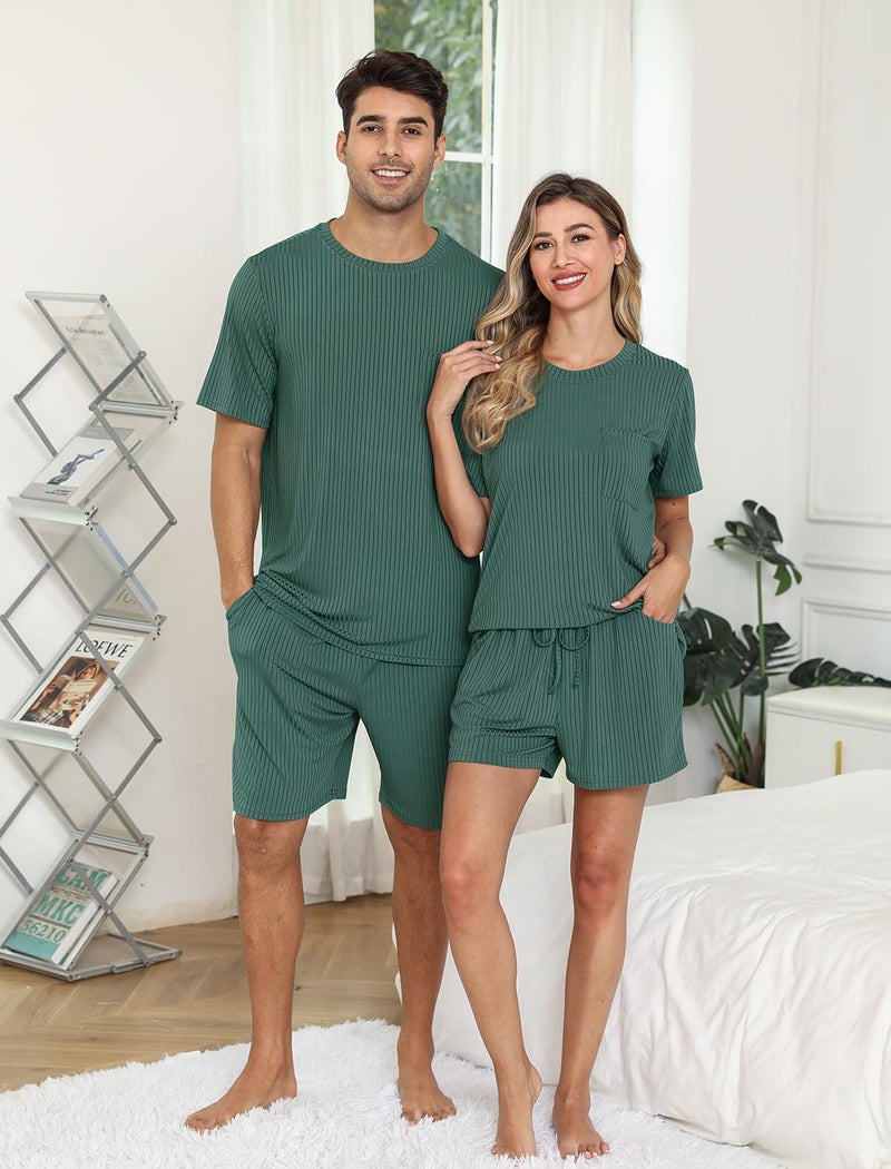 EISHOPEER Mens Pajama Set Kint Ribbed Sleepwear Nightwear Soft Short Sleeve Crew-Neck Pjs Sleep Set With Pockets Dark Green Large - Image 4