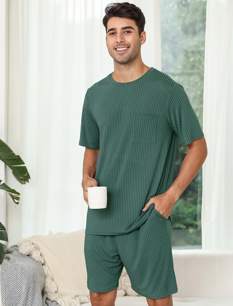 EISHOPEER Mens Pajama Set Kint Ribbed Sleepwear Nightwear Soft Short Sleeve Crew-Neck Pjs Sleep Set With Pockets Dark Green Large - Image 2
