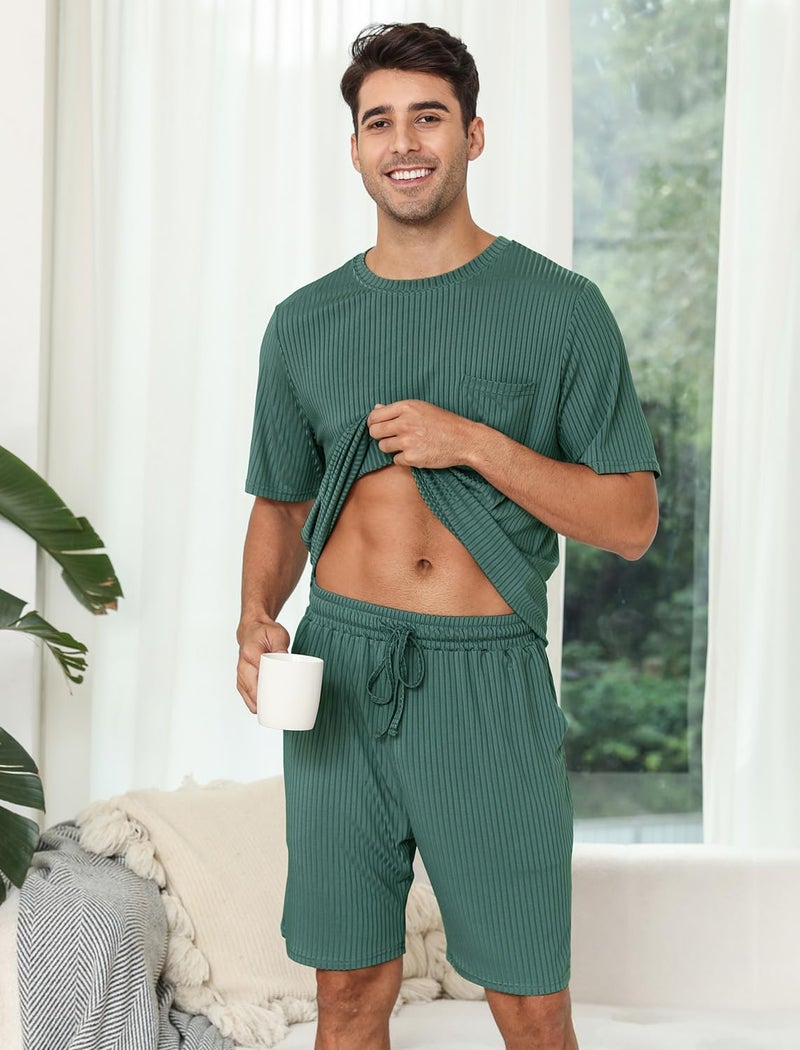 EISHOPEER Mens Pajama Set Kint Ribbed Sleepwear Nightwear Soft Short Sleeve Crew-Neck Pjs Sleep Set With Pockets Dark Green Large - Image 3