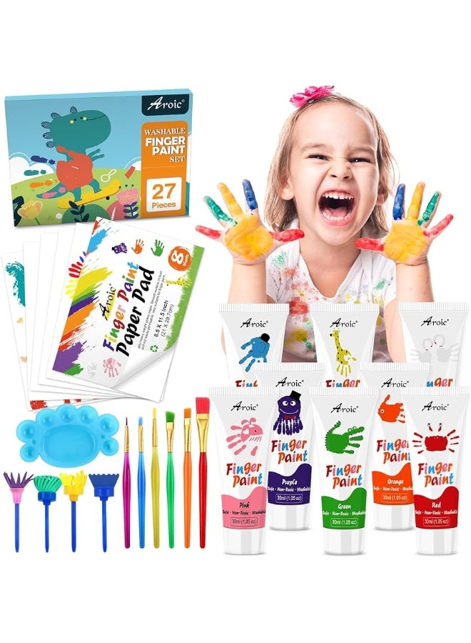 AROIC 27PCS Kids Washable Finger Paint Set, Non Toxic Finger Paints 8 Colors, Finger Paint Paper, Brushes, Sponges, Art Painting Supplies for Toddlers,Finger Painting Supplies for Kids Boys Girls Gifts - Image 1
