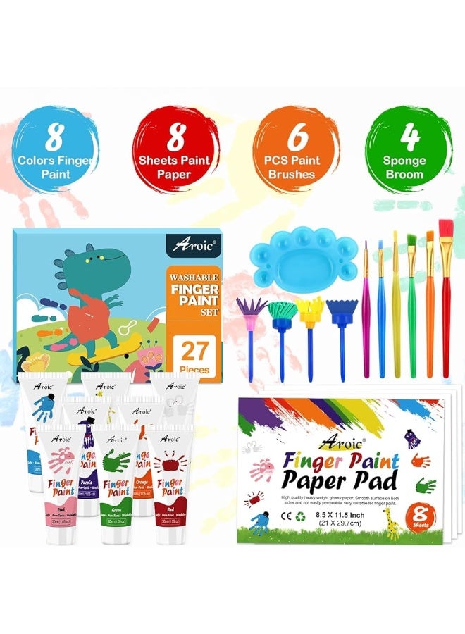 AROIC 27PCS Kids Washable Finger Paint Set, Non Toxic Finger Paints 8 Colors, Finger Paint Paper, Brushes, Sponges, Art Painting Supplies for Toddlers,Finger Painting Supplies for Kids Boys Girls Gifts - Image 5