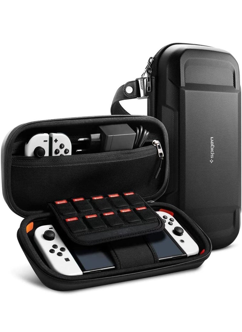 Spigen Rugged Armor PRO Portable Travel Carrying Case Cover for Nintendo Switch OLED (2021 / 2017 Models) with Game Storage and AirTag holder - Black  - Image 1