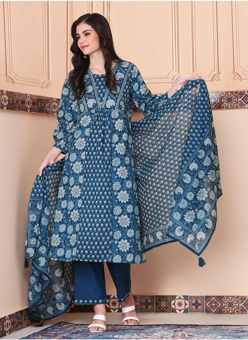 ISHIN Straight Fit Printed Pattern Round Neck Three-Quarter Sleeves Blue Colour Knitted Cotton Kurta Set for Women with Semi Elastic Closure - A Must-Have for Every Wardrobe