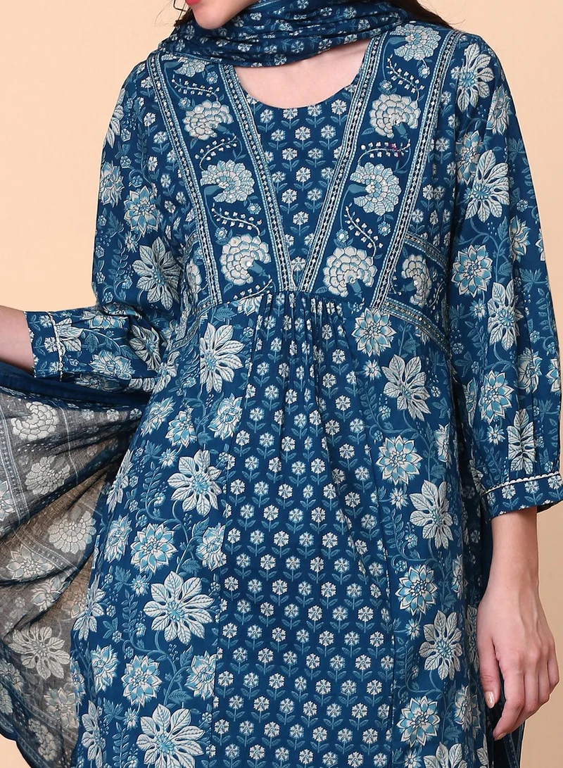 ISHIN Women's Blue 100% Cotton Printed Straight Fit Kurta Set