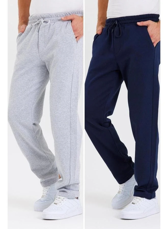 mmetalic Pack of 2 Men’s Straight-Leg Track Pants with Cotton Interior, Back Pockets, and Label Detail in Gray and Navy.