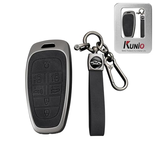 KUNIO For Hyundai PU Leather Car Key Fob Cover Fit for Hyundai Sonata Santa Fe Tucson Palisade 2025 Grandeur Ioniq 5 Key Protector Zinc Alloy Key Holder Accessories 7 Button BlackLong Keychain - Image 1