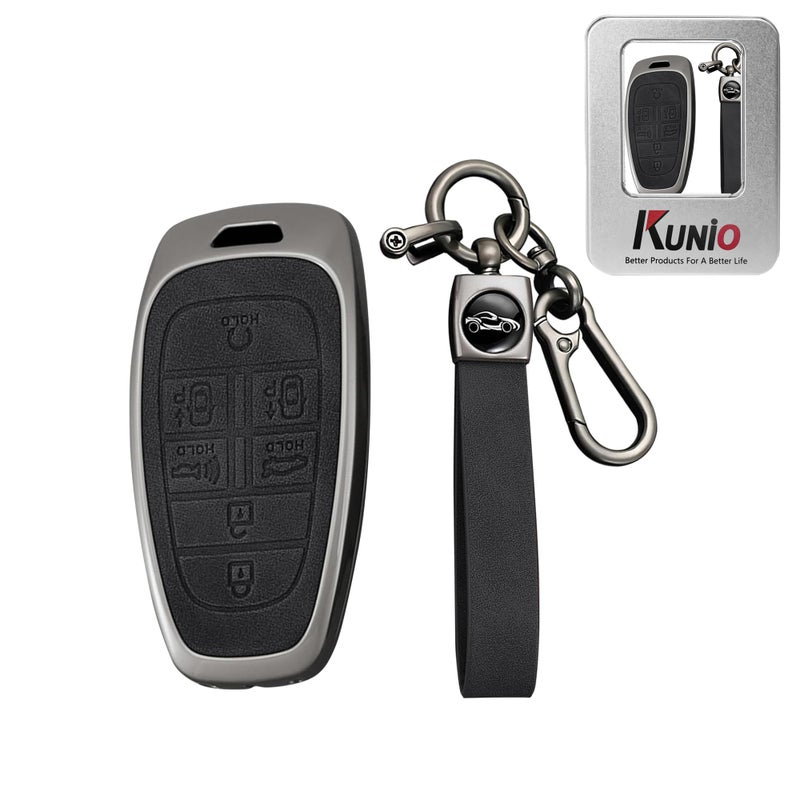 KUNIO For Hyundai PU Leather Car Key Fob Cover Fit for Hyundai Sonata Santa Fe Tucson Palisade 2025 Grandeur Ioniq 5 Key Protector Zinc Alloy Key Holder Accessories 7 Button BlackLong Keychain - Image 2