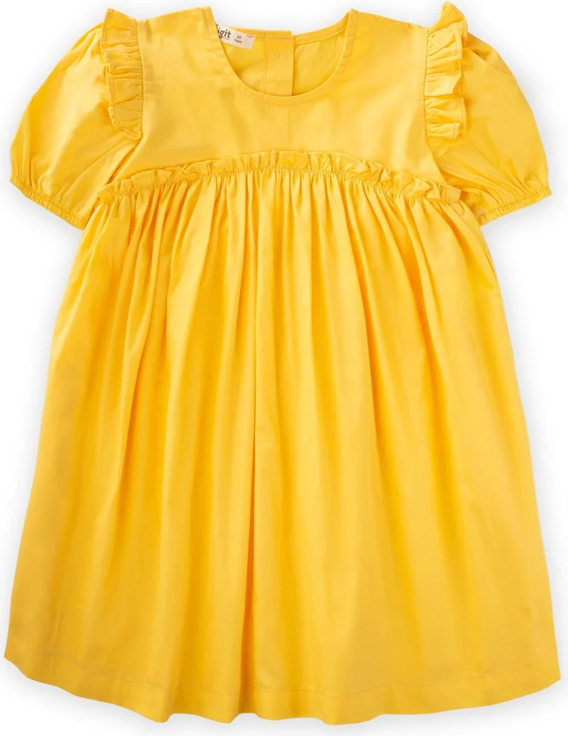 Cigit Robadan Ruffle Gathered Poplin Dress 2-7 Years Yellow