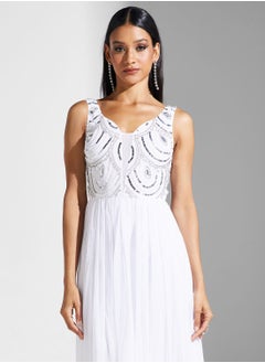 Lace and Beads Embellished Plisse Detail Dress  - Image 3