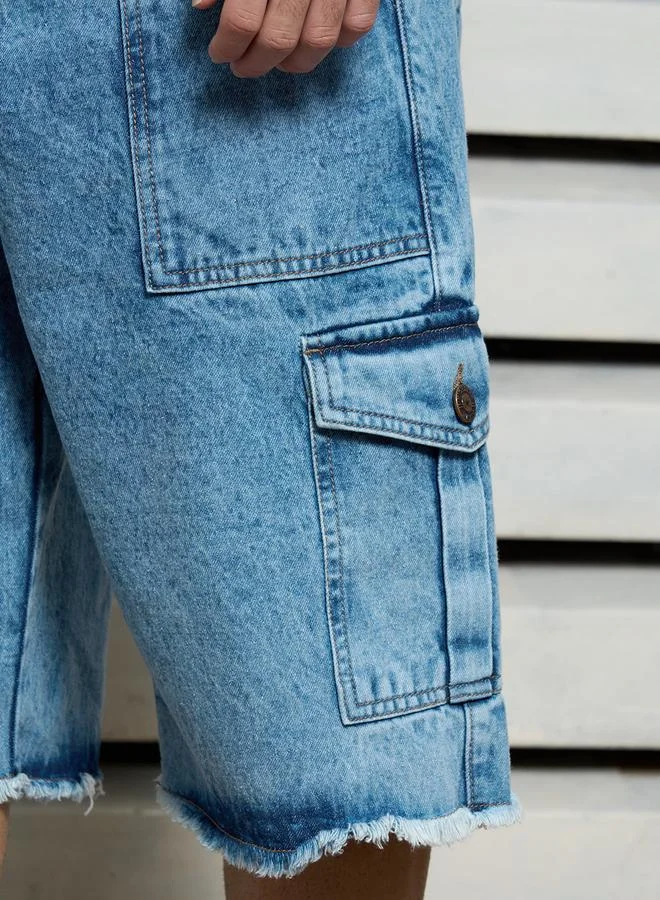 HIGH STAR  Men's Indigo 100% Cotton Solid Knee Length Denim Cargo Relaxed Shorts for Men | Best Price UAE