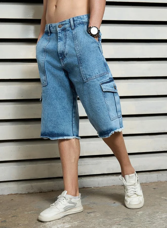 HIGH STAR Men's Indigo 100% Cotton Solid Knee Length Denim Cargo Relaxed Shorts