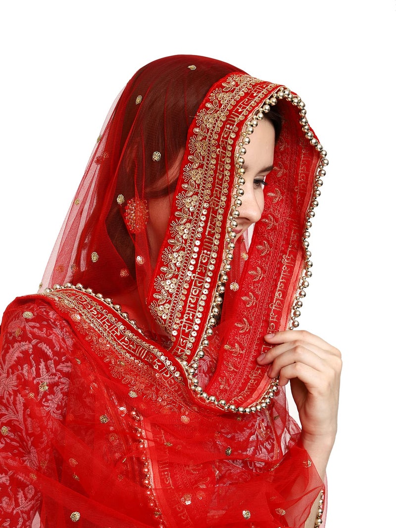 THE BRIDE MADE Women Bridal Chunnis Sada Saubhagya Vati Bhava Red Heavy Net Dupatt Odhani 2.5 Meter Long - Image 1