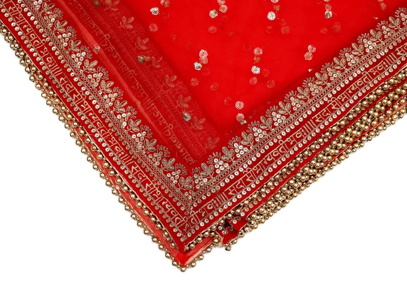 THE BRIDE MADE Women Bridal Chunnis Sada Saubhagya Vati Bhava Red Heavy Net Dupatt Odhani 2.5 Meter Long - Image 3