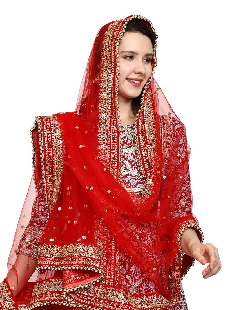 THE BRIDE MADE Women Bridal Chunnis Sada Saubhagya Vati Bhava Red Heavy Net Dupatt Odhani 2.5 Meter Long - Image 5