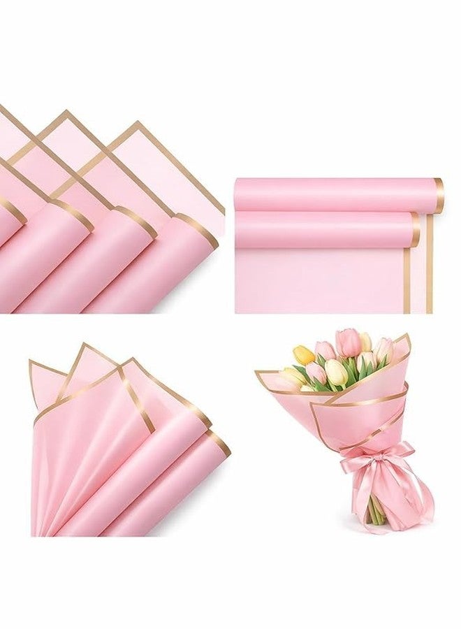 KAMAK 5 Sheets Korean Style Waterproof Premium Bouquet Wrapping Sheet (58cm x 58cm) | Golden Border Line Flower Wrapping Paper | Waterproof and Thick, elegant packaging for bouquet, and Gift Wrap - Pink - Image 1