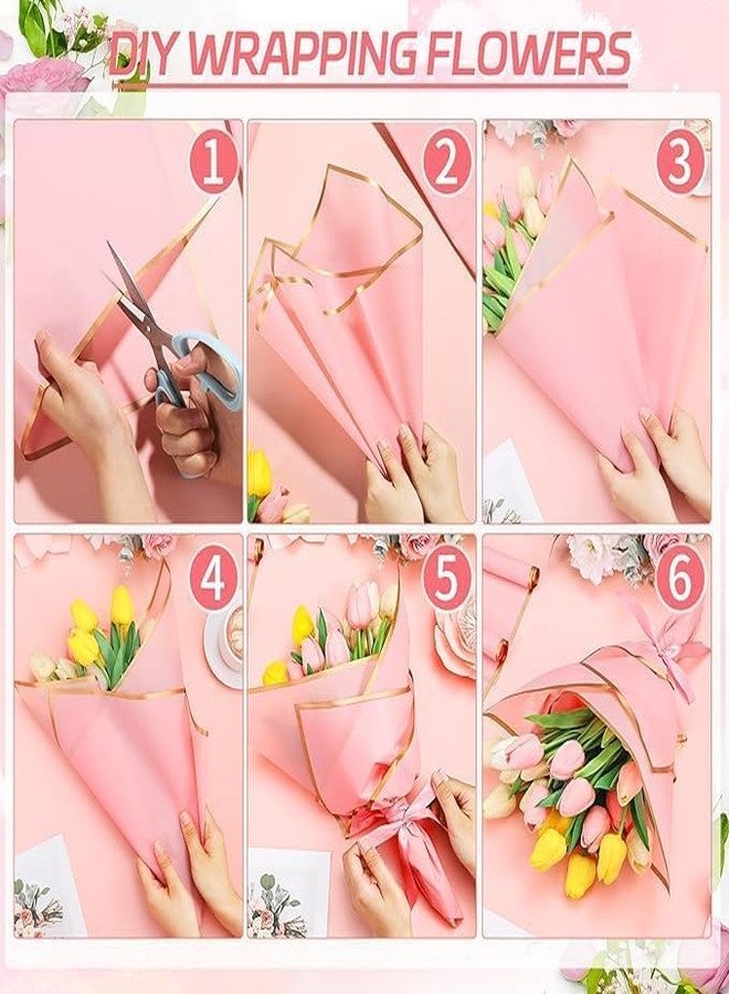 KAMAK 5 Sheets Korean Style Waterproof Premium Bouquet Wrapping Sheet (58cm x 58cm) | Golden Border Line Flower Wrapping Paper | Waterproof and Thick, elegant packaging for bouquet, and Gift Wrap - Pink - Image 3