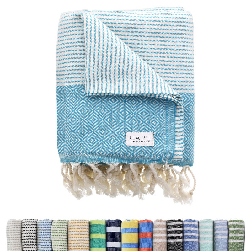 Cape Comforts Oversized Turkish Beach Towel Diamond Dobby Aqua  37 x 67  Super Soft  Lightweight  Quick Dry Sand Free Travel Towels for Beach or Bath  Gifts