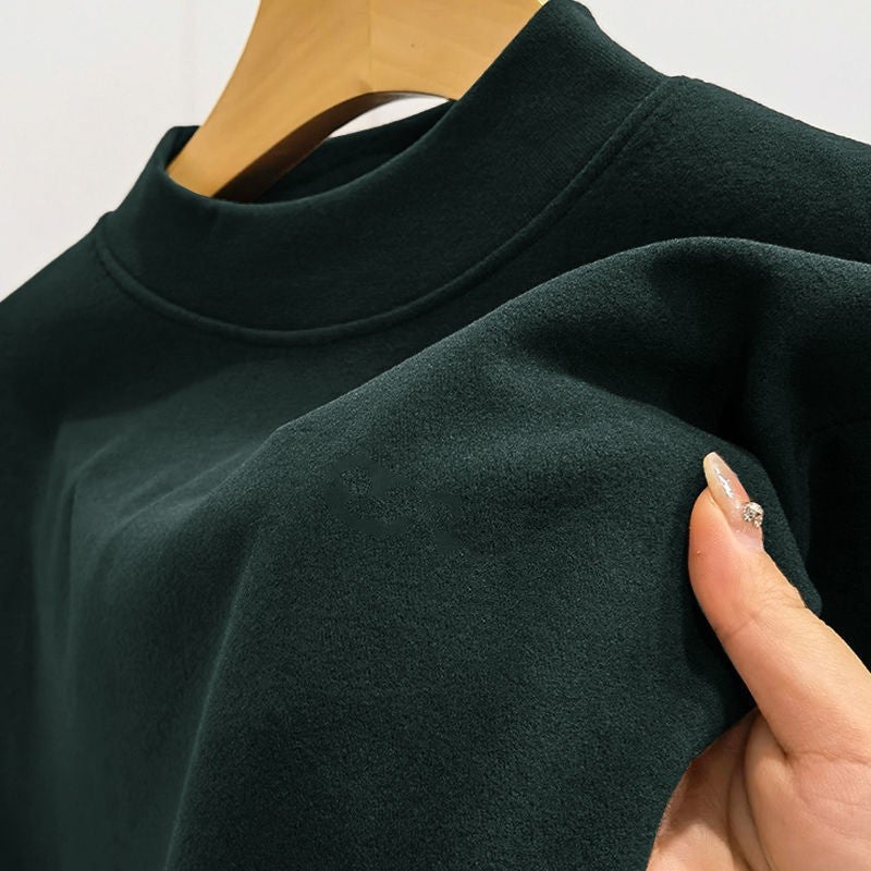 Double-sided velvet semi-high collar mens long sleeve shirt warm base shirt mens autumn and winter fleece-lined thickened inner clothing beautiful group purchase Dark green-german velvet 