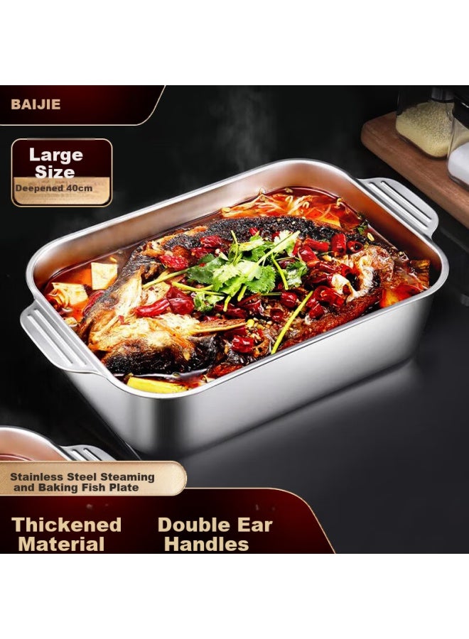 Bj Stainless Steel Square Plate, Deep Square Plate, Dining Plate, Steaming And Baking Fish Pan, Grilled Fish Plate, Snack Plate, Barbecue Plate, 40cm Large Size - Image 1
