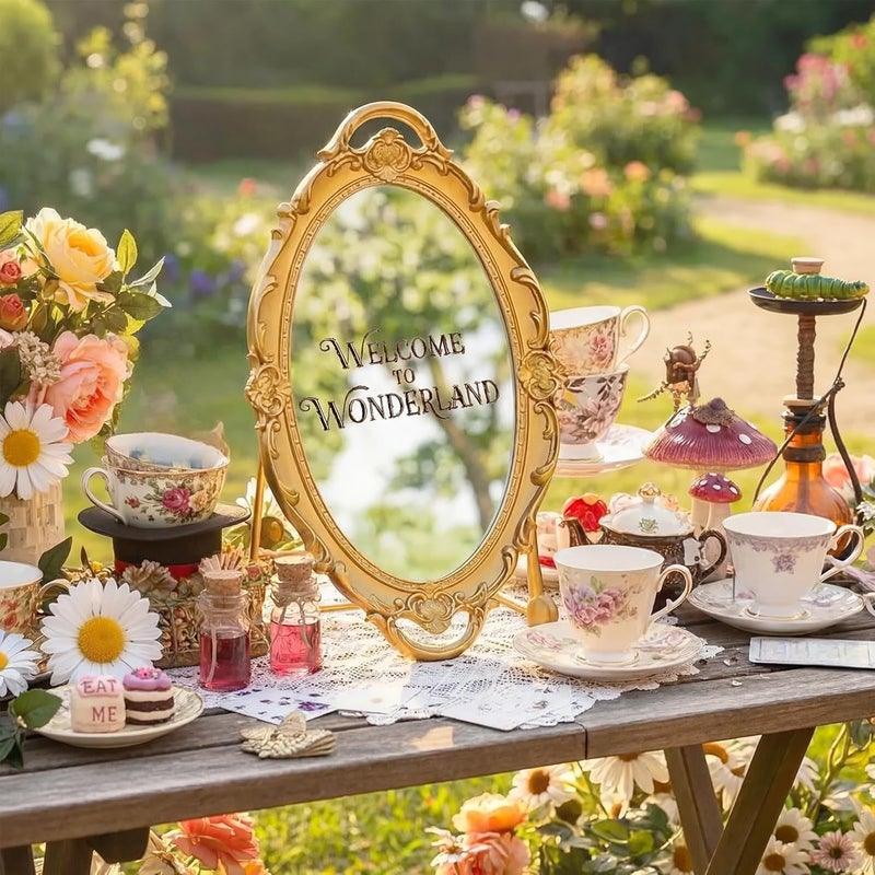 Threehoney 15 x 9.5 Inch Vintage Small Golden Mirror Welcome to Wonderland Transfer Sticker Oval Wall Decorative Mirror Hanging Gothic Antique for Wonderland Party Bedroom Living-Room Dresser Decor - Image 2