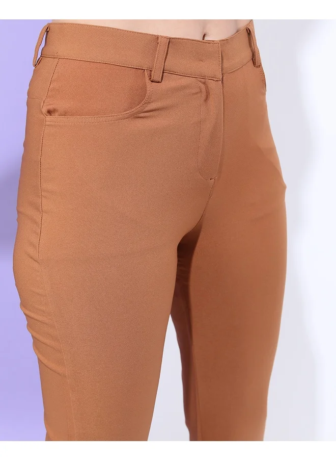 مرفوعة Tan Women Bootcut Casual Solid Regular Bootcut Pants