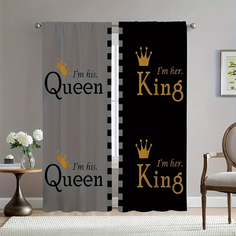 Two Pieces of Polyester Curtains Gray Black Queen King Print For Bedroom Living Room Kitchen Rod Pocket Easy Hanging Size W21 5xH59 Inch 55x150cm - Image 2