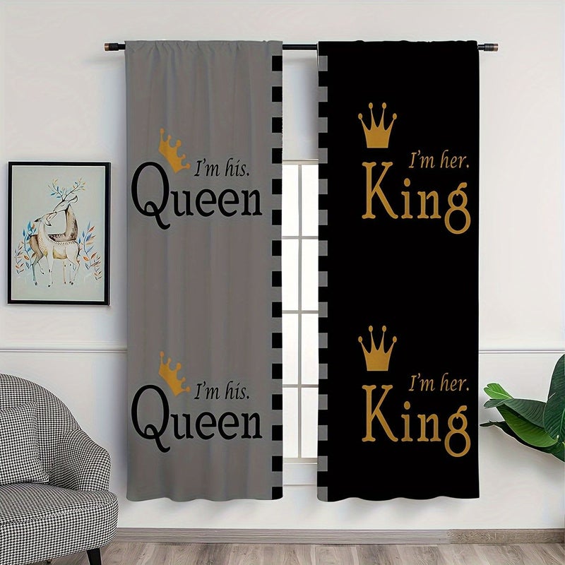 Two Pieces of Polyester Curtains Gray Black Queen King Print For Bedroom Living Room Kitchen Rod Pocket Easy Hanging Size W21 5xH59 Inch 55x150cm - Image 1