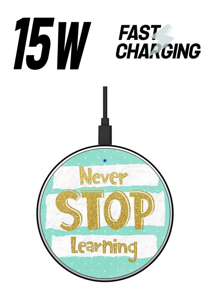 Theodor Never Stop Learning Printed Fast Wireless Charger With USB Cable Gold/White/Blue - Image 1
