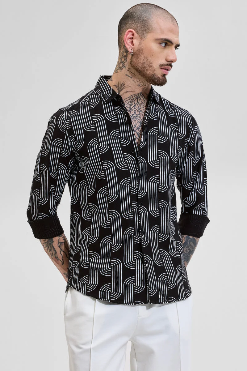 سنيتش Black Geometric Long Sleeve Slim Fit Casual Shirt