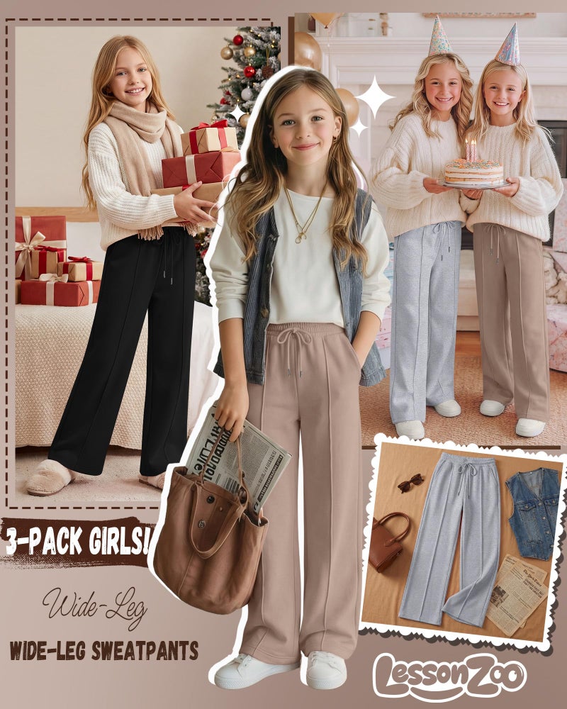 LessonZoo 3 Pack Girls Wide Leg Sweatpants Drawstring Baggy Pants Teen Girls Athletic Joggers Pants with Pockets 5-14Y(Khaki, Light Heather Gray, Black,11-12 Years) - Image 2