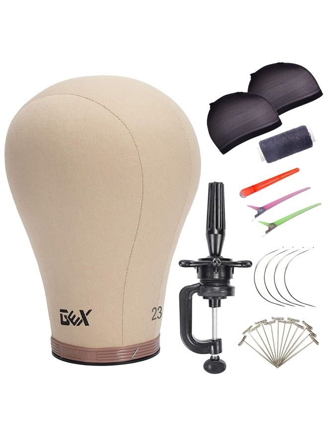 gexworldwide GEX 23" Canvas Cork Wig Block Mannequin Head for Wig Making Drying Styling Display with Table C Clamp Stand Holder (Light Brown 23") - Image 1