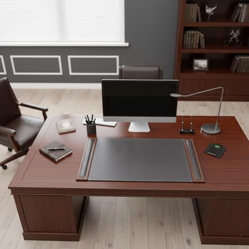 Dacasso Wood & Leather Desk Pad - Luxury Leather Desk Blotter for Writing - Padded Executive Desk Surface Protector - (Walnut & Black, 25.5” x 17.25”) - Image 2