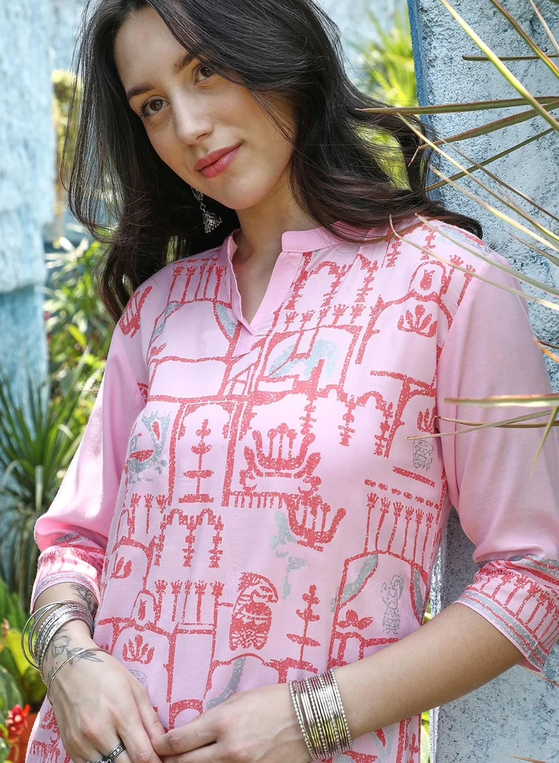  قصة Women's Baby Pink High-Low Ethnic Print Kurta