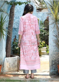 قصة Women's Baby Pink High-Low Ethnic Print Kurta  - Image 4