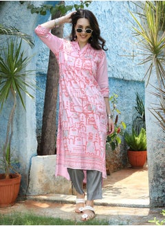  قصة Women's Baby Pink High-Low Ethnic Print Kurta  - Image 5