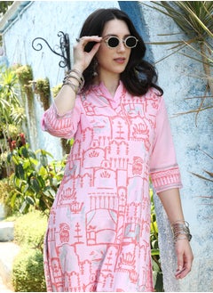  قصة Women's Baby Pink High-Low Ethnic Print Kurta  - Image 1