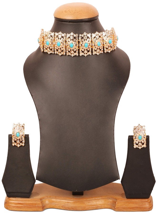 Touchstone Indian Bollywood Mughal Era Inspired Mesh Work Emerald Studded Look Chicpatti Necklace Set - Image 3