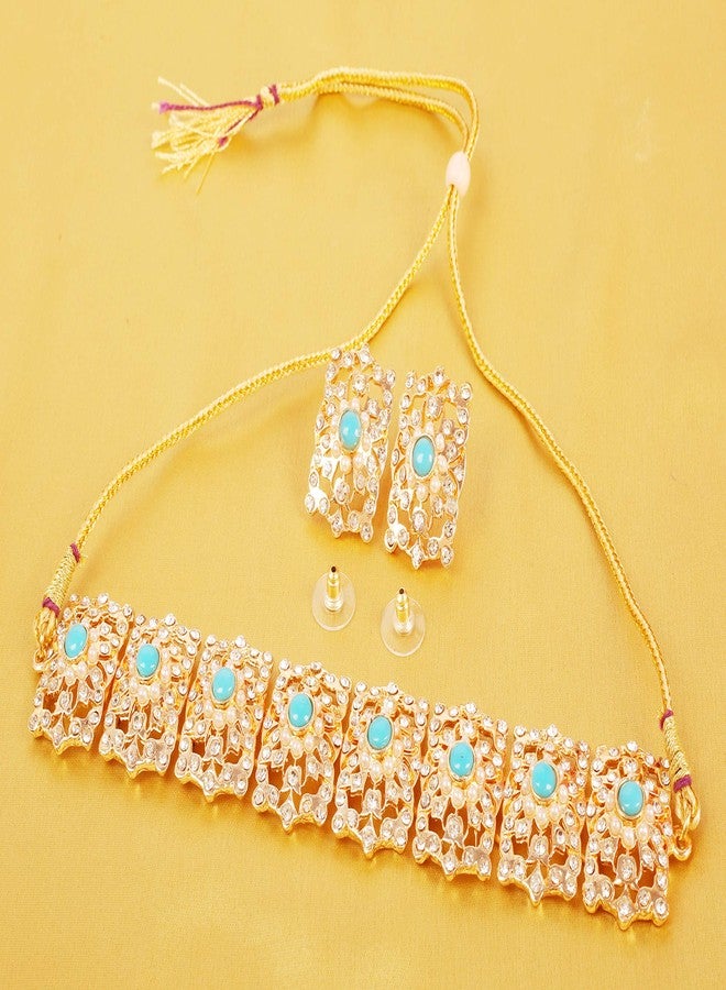 Touchstone Indian Bollywood Mughal Era Inspired Mesh Work Emerald Studded Look Chicpatti Necklace Set - Image 5