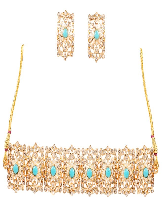 Touchstone Indian Bollywood Mughal Era Inspired Mesh Work Emerald Studded Look Chicpatti Necklace Set - Image 1