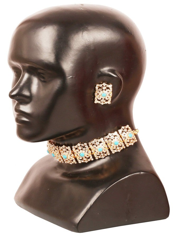 Touchstone Indian Bollywood Mughal Era Inspired Mesh Work Emerald Studded Look Chicpatti Necklace Set - Image 4