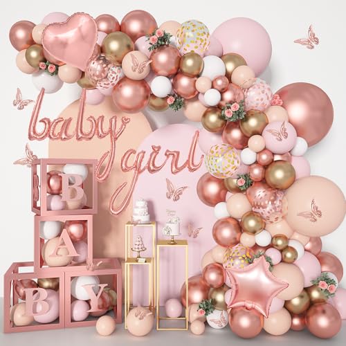 Amandir 135pcs Rose Gold Balloons Girl Baby Shower Decorations Butterfly Stickers Balloon Garland Arch Kit Baby Box with Letter AZBaby for Wedding Bridal Birthday Party Decoration - Image 1