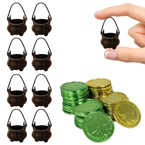 rosulasi 8 Pcs Mini Leprechaun Pot 50 Shamrock Plastic Coins St Patricks Day Decorations,St Patrick's Day Tiny Leprechaun Pot of Gold Bucket,Small Black Pots,Leprechaun Trap Supplies - Image 1