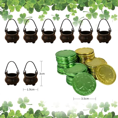 rosulasi 8 Pcs Mini Leprechaun Pot 50 Shamrock Plastic Coins St Patricks Day Decorations,St Patrick's Day Tiny Leprechaun Pot of Gold Bucket,Small Black Pots,Leprechaun Trap Supplies - Image 2
